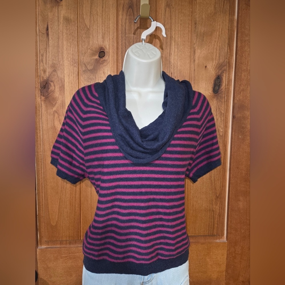 AphOrism Navy and Pink Striped Cowl Neck Sweater
